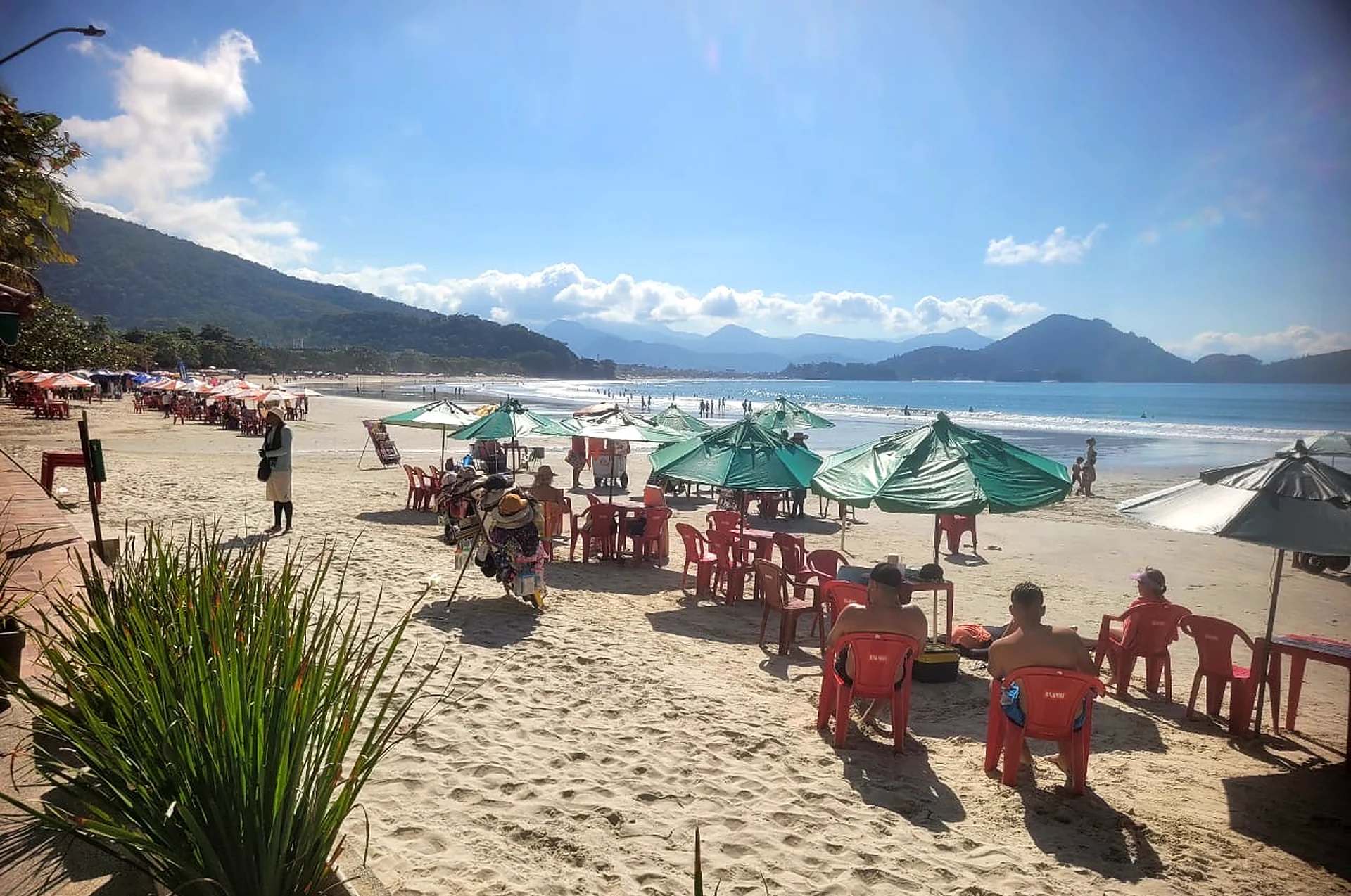 Praia das Toninhas com guarda-sóis verdes, mar e morro ao fundo